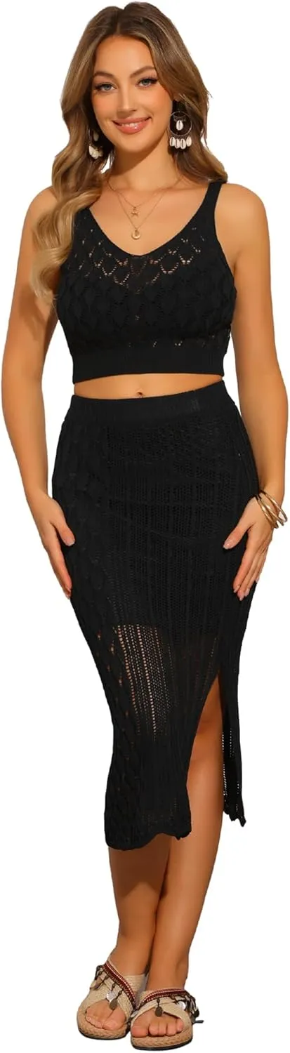 Allegra K Women's 2 Piece Cover Up Crochet Set Hollow Out V Neck Crop Top Slit Skirt Outfit