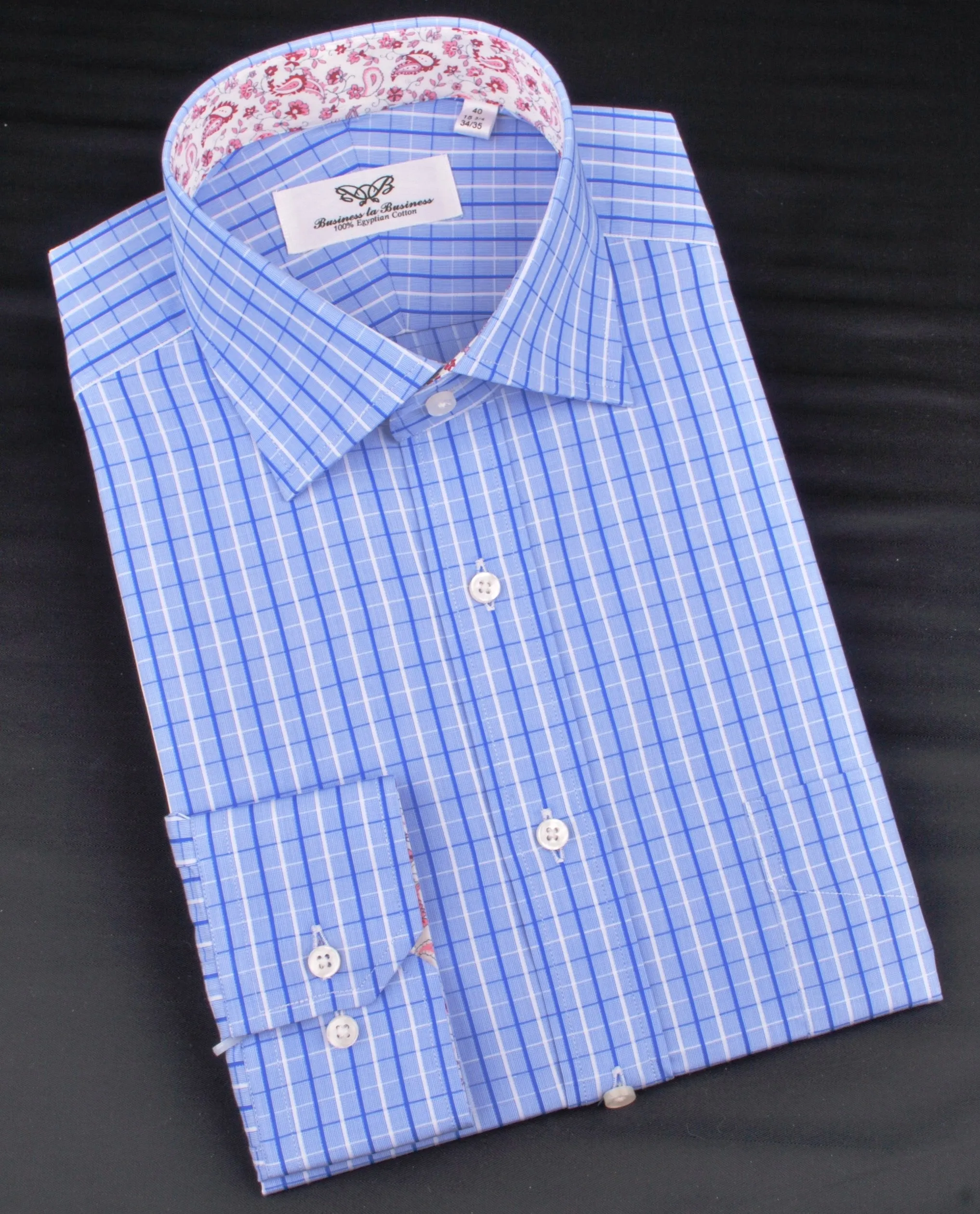Blue Check Dress Shirt Button Cuff Regular Fit or Casual Short Sleeve Slim Fit