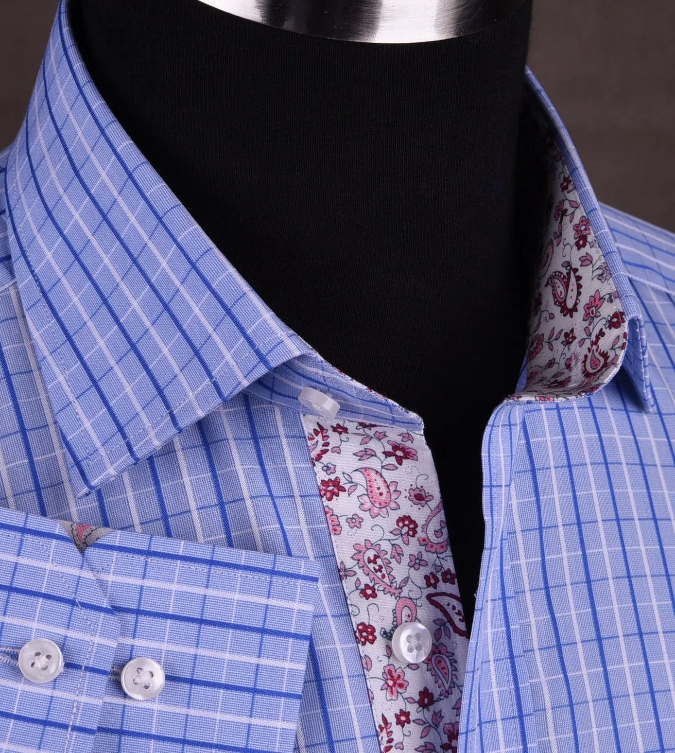 Blue Check Dress Shirt Button Cuff Regular Fit or Casual Short Sleeve Slim Fit