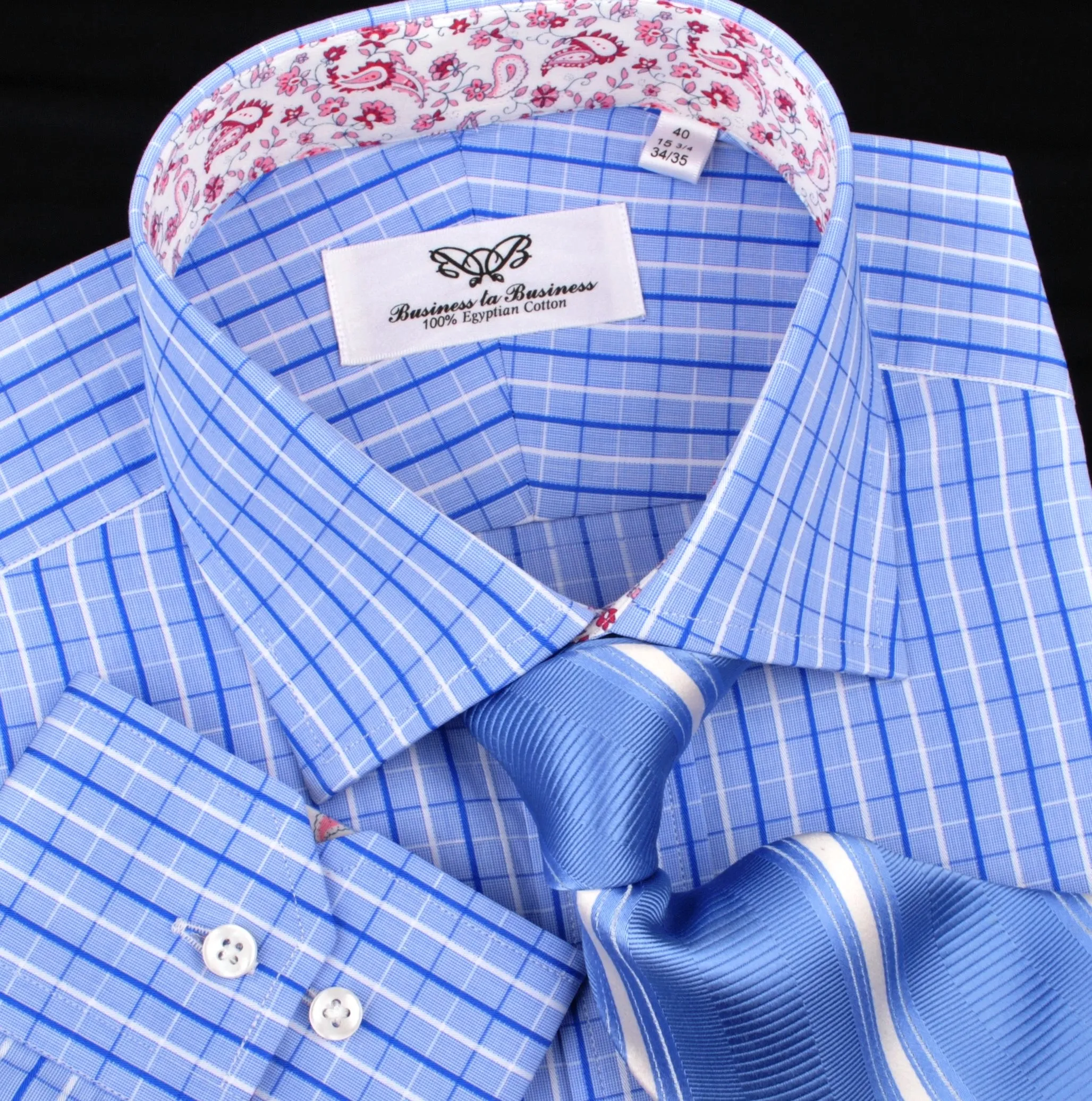 Blue Check Dress Shirt Button Cuff Regular Fit or Casual Short Sleeve Slim Fit