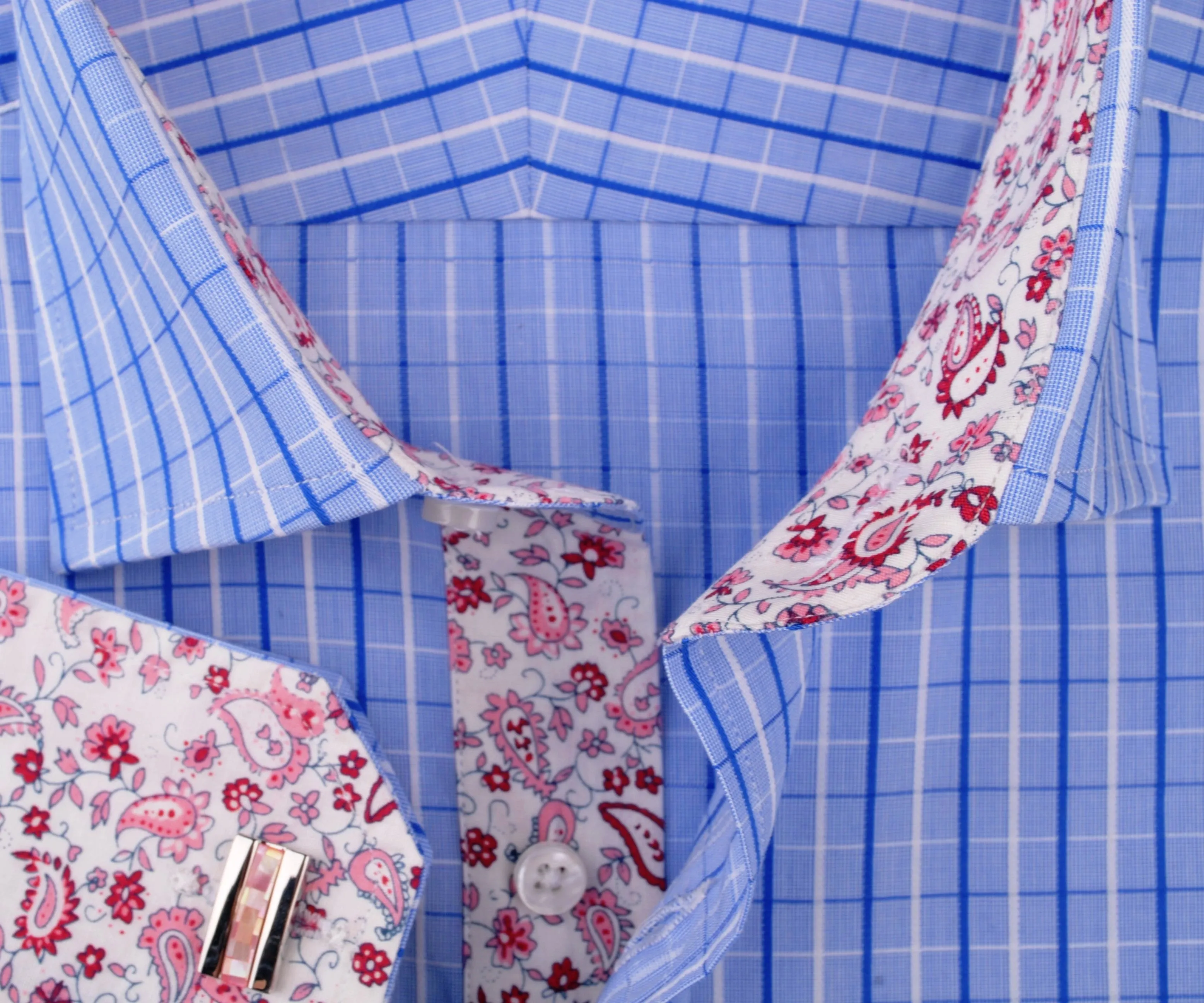 Blue Check Dress Shirt Button Cuff Regular Fit or Casual Short Sleeve Slim Fit