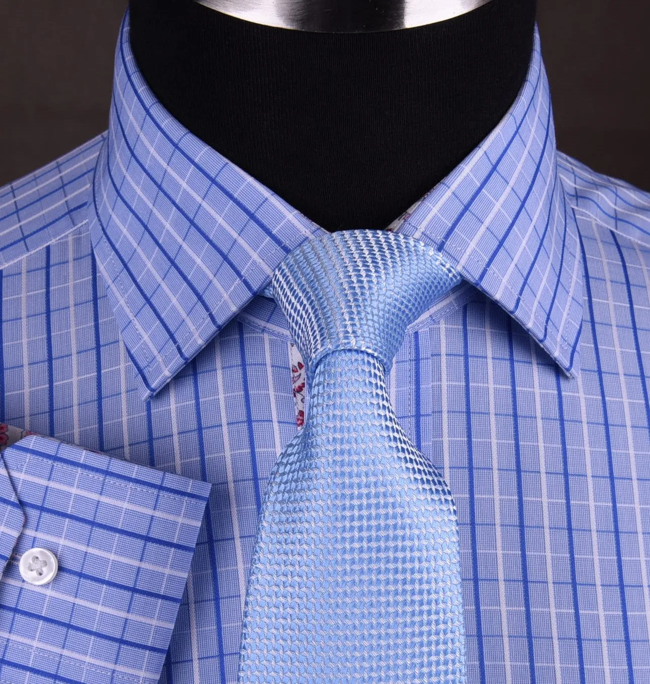 Blue Check Dress Shirt Button Cuff Regular Fit or Casual Short Sleeve Slim Fit