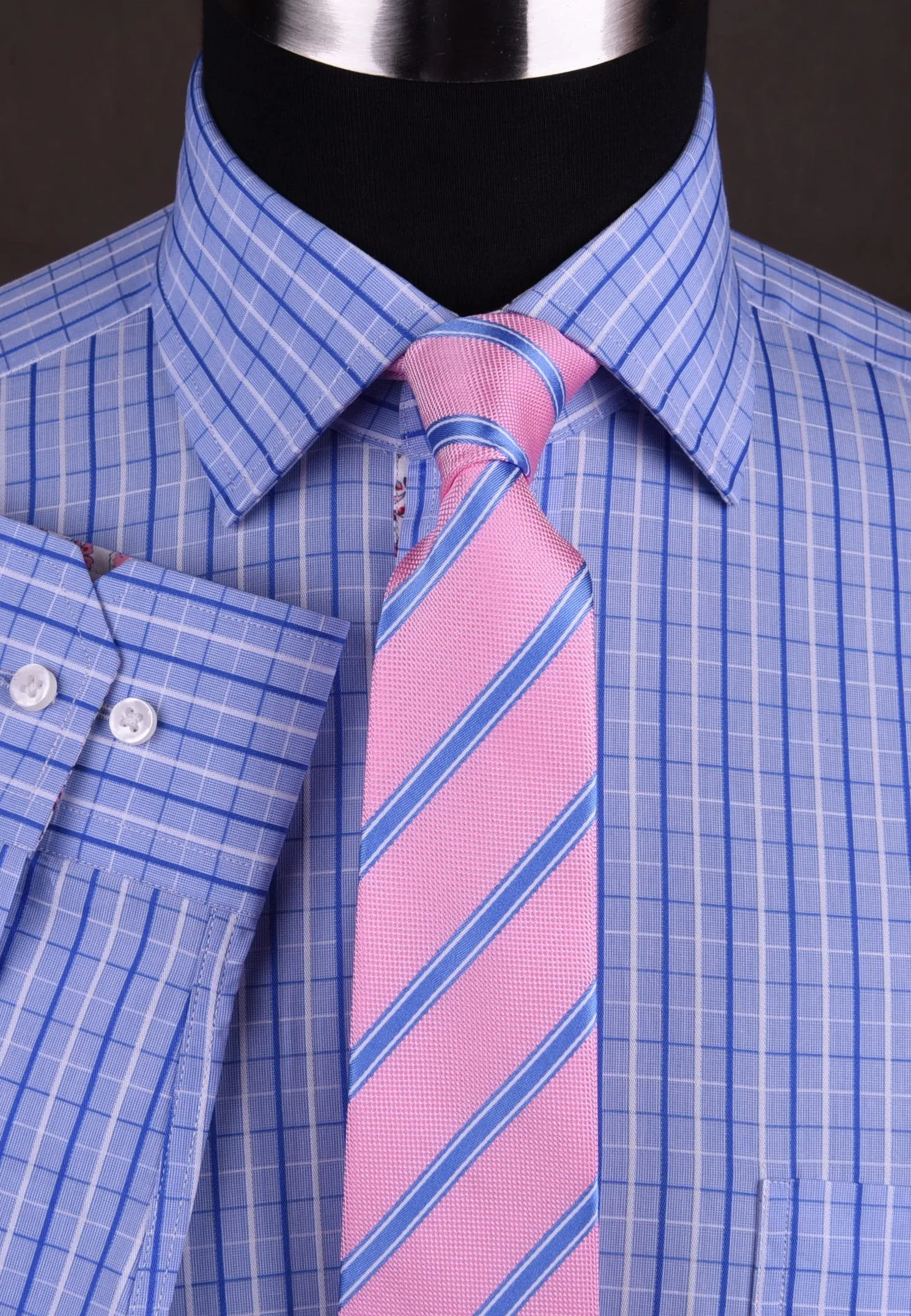 Blue Check Dress Shirt Button Cuff Regular Fit or Casual Short Sleeve Slim Fit