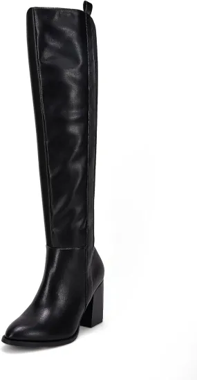 Ermonn Womens Faux Suede Knee High Side Zipper Chunky Heel Stretch Winter Boots
