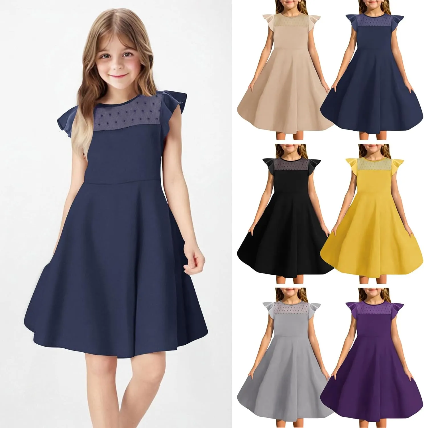 Hvyesh Girls Dresses for Easter Party Spring Summer Cute Flowy Ruffle Sleeve Mesh A Line Dress with Pockets 4-13 Years
