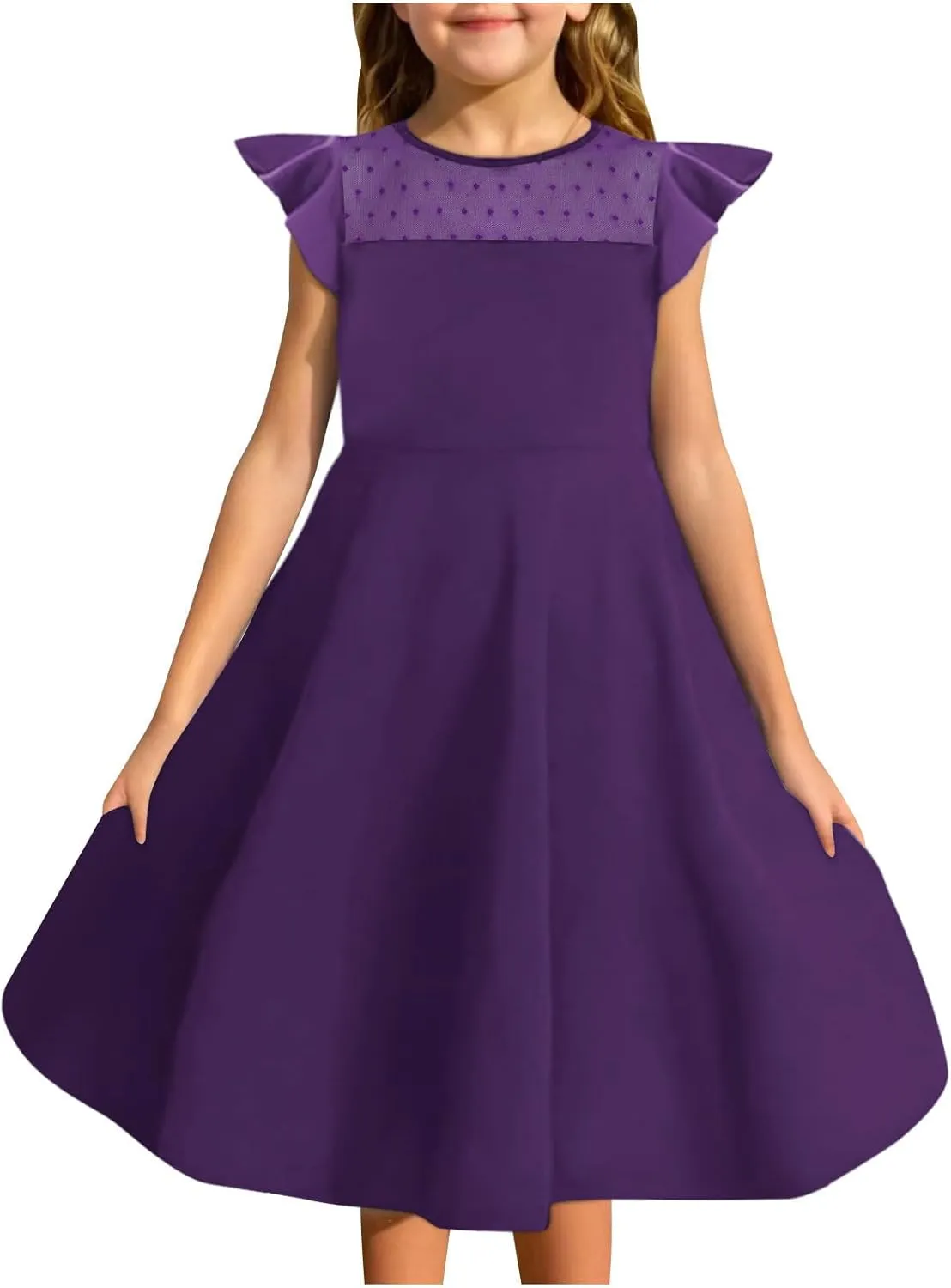 Hvyesh Girls Dresses for Easter Party Spring Summer Cute Flowy Ruffle Sleeve Mesh A Line Dress with Pockets 4-13 Years