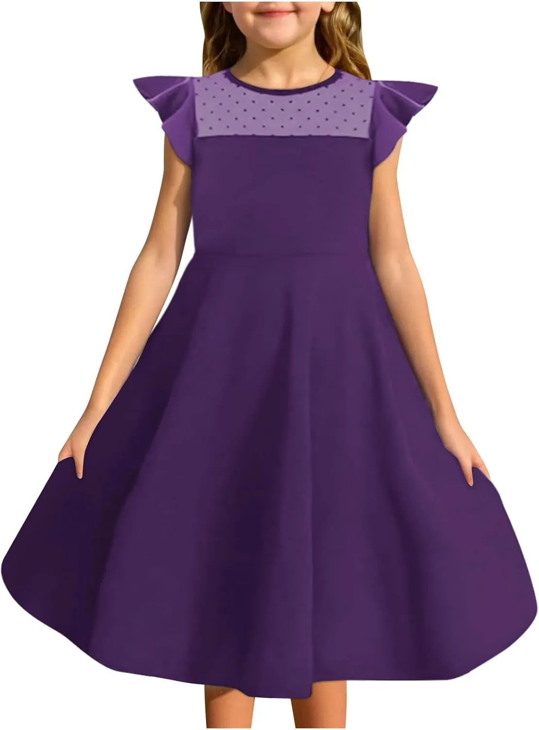 Hvyesh Girls Dresses for Easter Party Spring Summer Cute Flowy Ruffle Sleeve Mesh A Line Dress with Pockets 4-13 Years