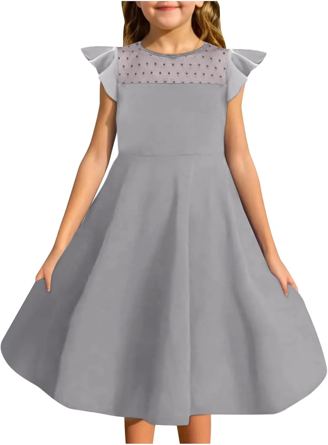 Hvyesh Girls Dresses for Easter Party Spring Summer Cute Flowy Ruffle Sleeve Mesh A Line Dress with Pockets 4-13 Years