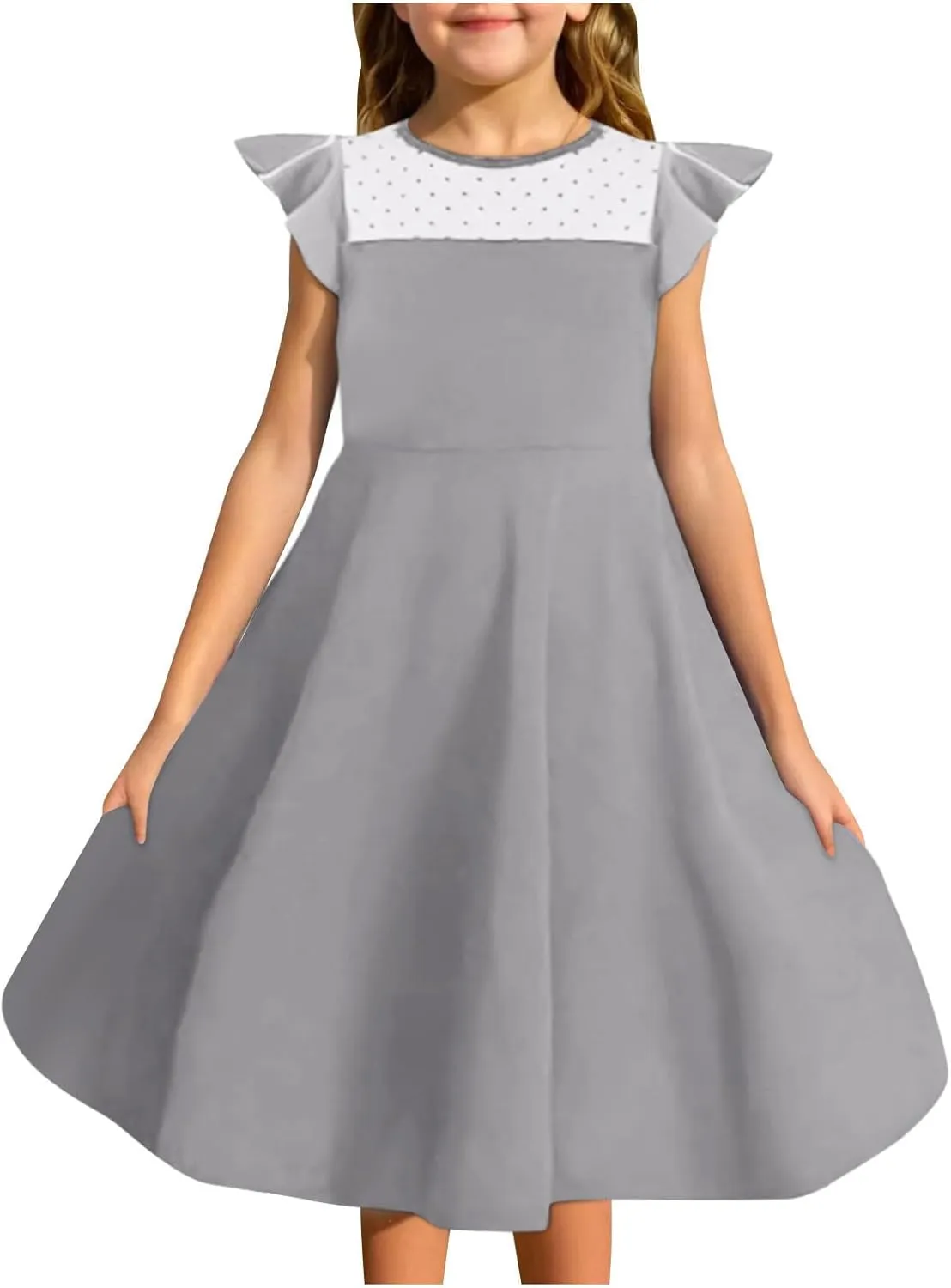 Hvyesh Girls Dresses for Easter Party Spring Summer Cute Flowy Ruffle Sleeve Mesh A Line Dress with Pockets 4-13 Years