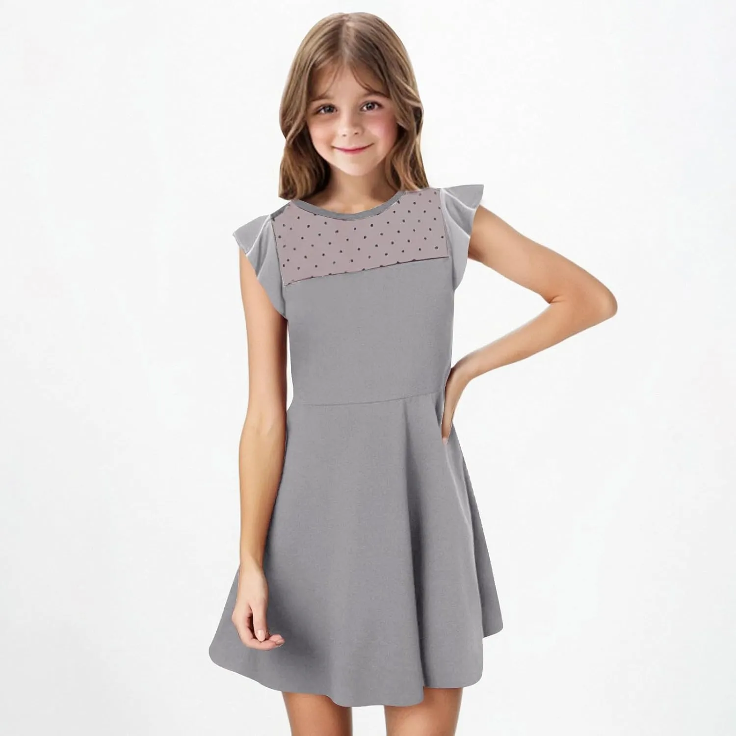 Hvyesh Girls Dresses for Easter Party Spring Summer Cute Flowy Ruffle Sleeve Mesh A Line Dress with Pockets 4-13 Years