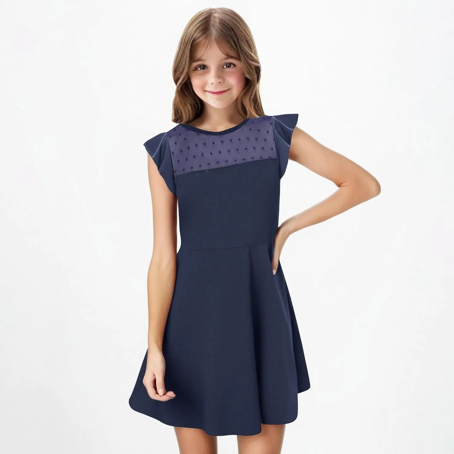 Hvyesh Girls Dresses for Easter Party Spring Summer Cute Flowy Ruffle Sleeve Mesh A Line Dress with Pockets 4-13 Years