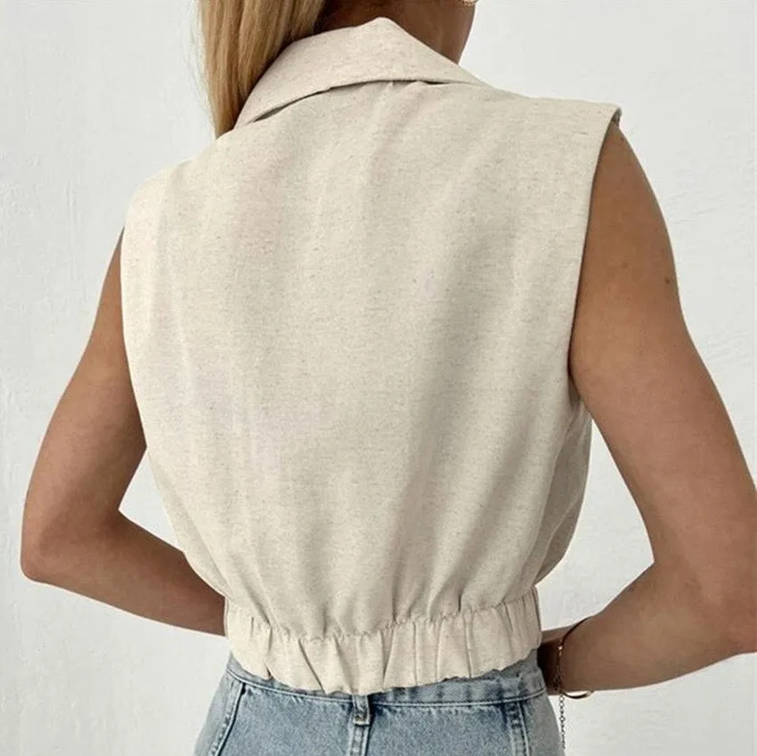 Joskaa Cotton Linen Vest For Women Solid Sleeveless Jacket Chic V-Neck Single-Breasted Ladies Waistcoat Tops Roupas Femininas
