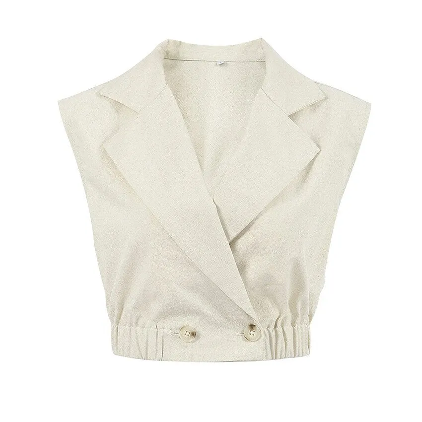 Joskaa Cotton Linen Vest For Women Solid Sleeveless Jacket Chic V-Neck Single-Breasted Ladies Waistcoat Tops Roupas Femininas