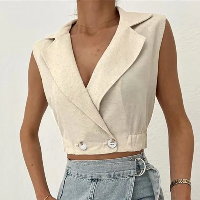 Joskaa Cotton Linen Vest For Women Solid Sleeveless Jacket Chic V-Neck Single-Breasted Ladies Waistcoat Tops Roupas Femininas