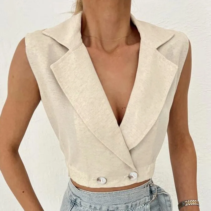 Joskaa Cotton Linen Vest For Women Solid Sleeveless Jacket Chic V-Neck Single-Breasted Ladies Waistcoat Tops Roupas Femininas