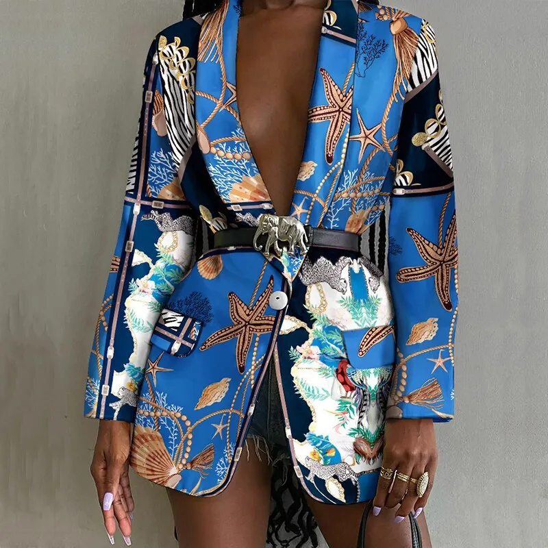 Joskaa Fashion Turn-down Collar Suits Outerwear Women Autumn Long Sleeve Button Cardigan Tops Jacket Casual Print OL Style Blazer Coats