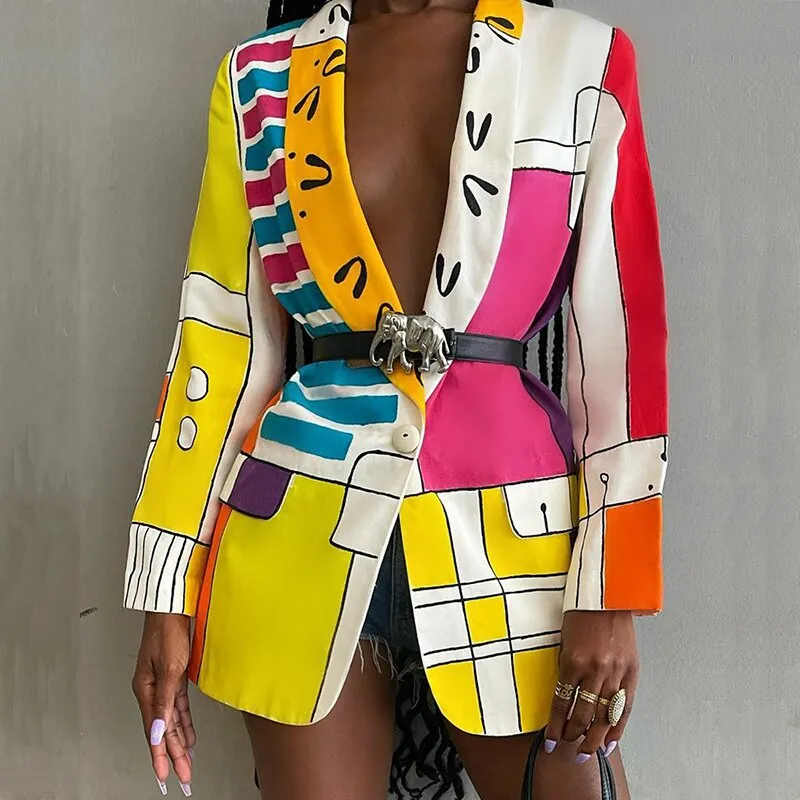Joskaa Fashion Turn-down Collar Suits Outerwear Women Autumn Long Sleeve Button Cardigan Tops Jacket Casual Print OL Style Blazer Coats