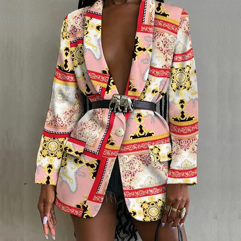 Joskaa Fashion Turn-down Collar Suits Outerwear Women Autumn Long Sleeve Button Cardigan Tops Jacket Casual Print OL Style Blazer Coats