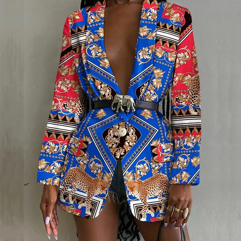Joskaa Fashion Turn-down Collar Suits Outerwear Women Autumn Long Sleeve Button Cardigan Tops Jacket Casual Print OL Style Blazer Coats