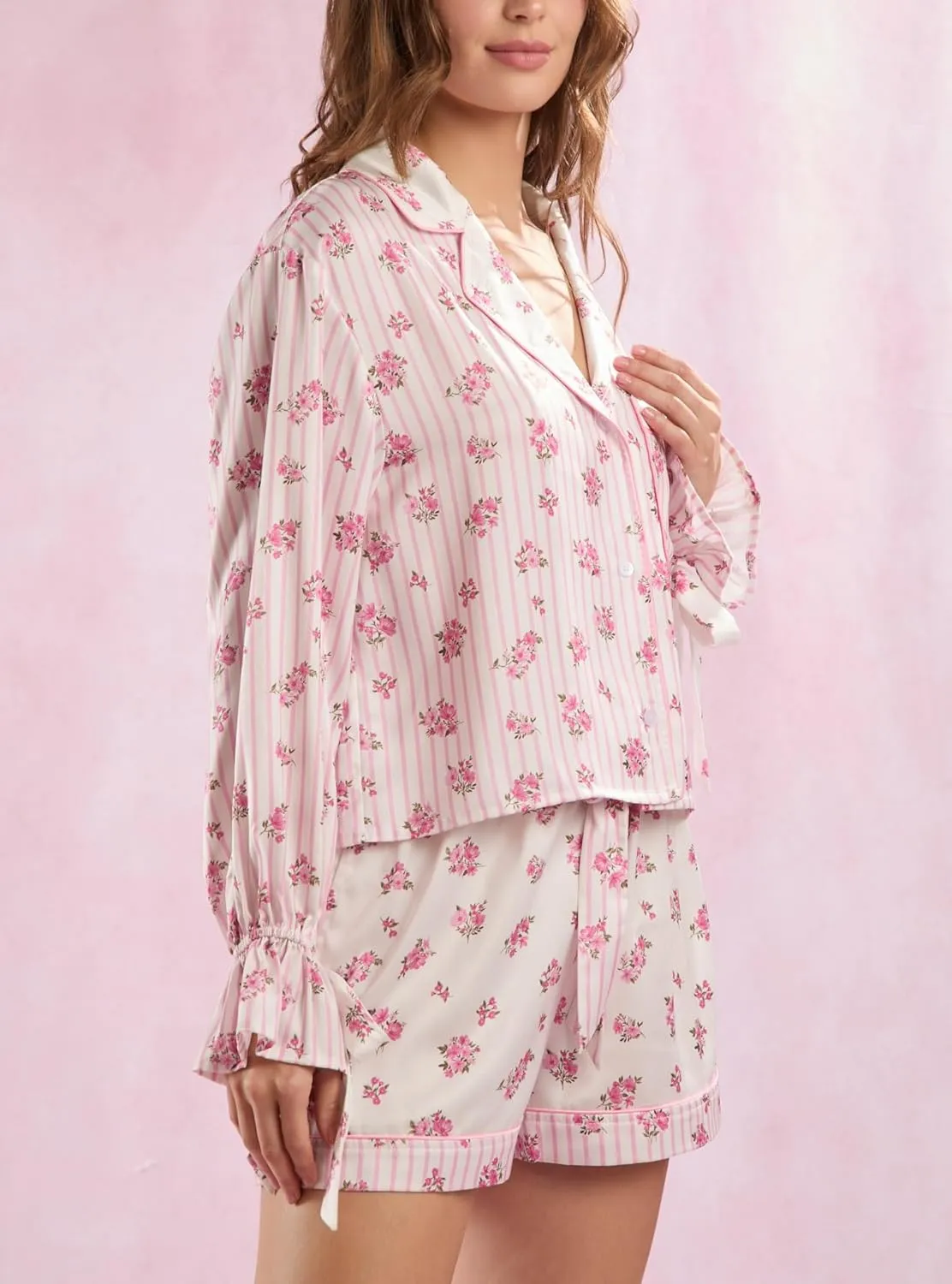 LILTWIST Cute Bow Pajamas for Women Silk Satin Y2k Floral Print 2 Piece Pjs Bow Tie Long Sleeve Shirt and Ruffle Shorts Sets
