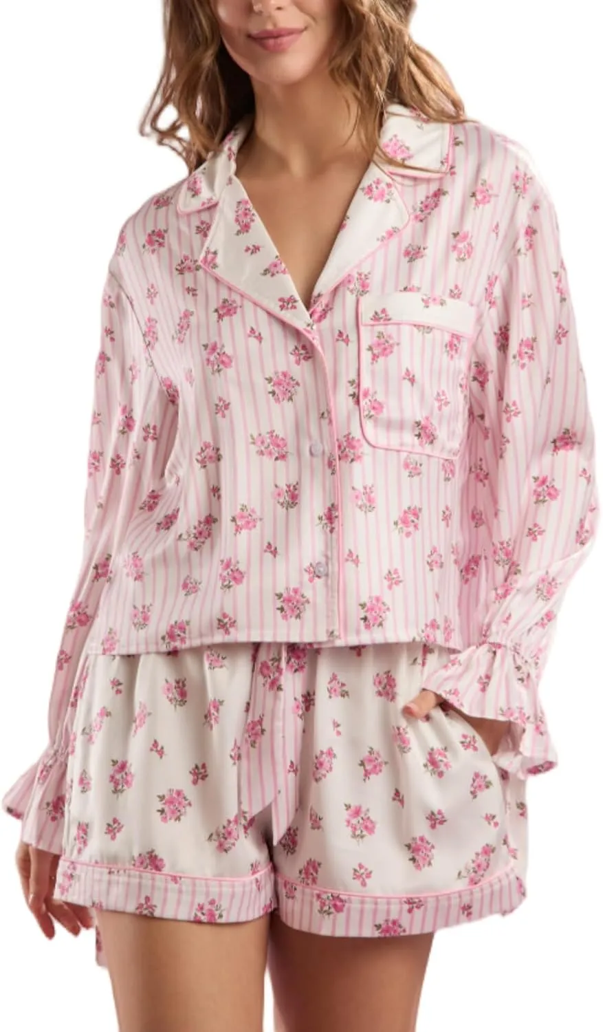LILTWIST Cute Bow Pajamas for Women Silk Satin Y2k Floral Print 2 Piece Pjs Bow Tie Long Sleeve Shirt and Ruffle Shorts Sets