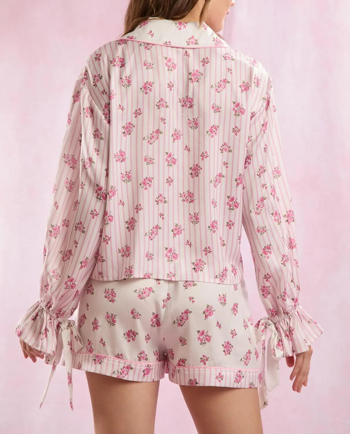 LILTWIST Cute Bow Pajamas for Women Silk Satin Y2k Floral Print 2 Piece Pjs Bow Tie Long Sleeve Shirt and Ruffle Shorts Sets