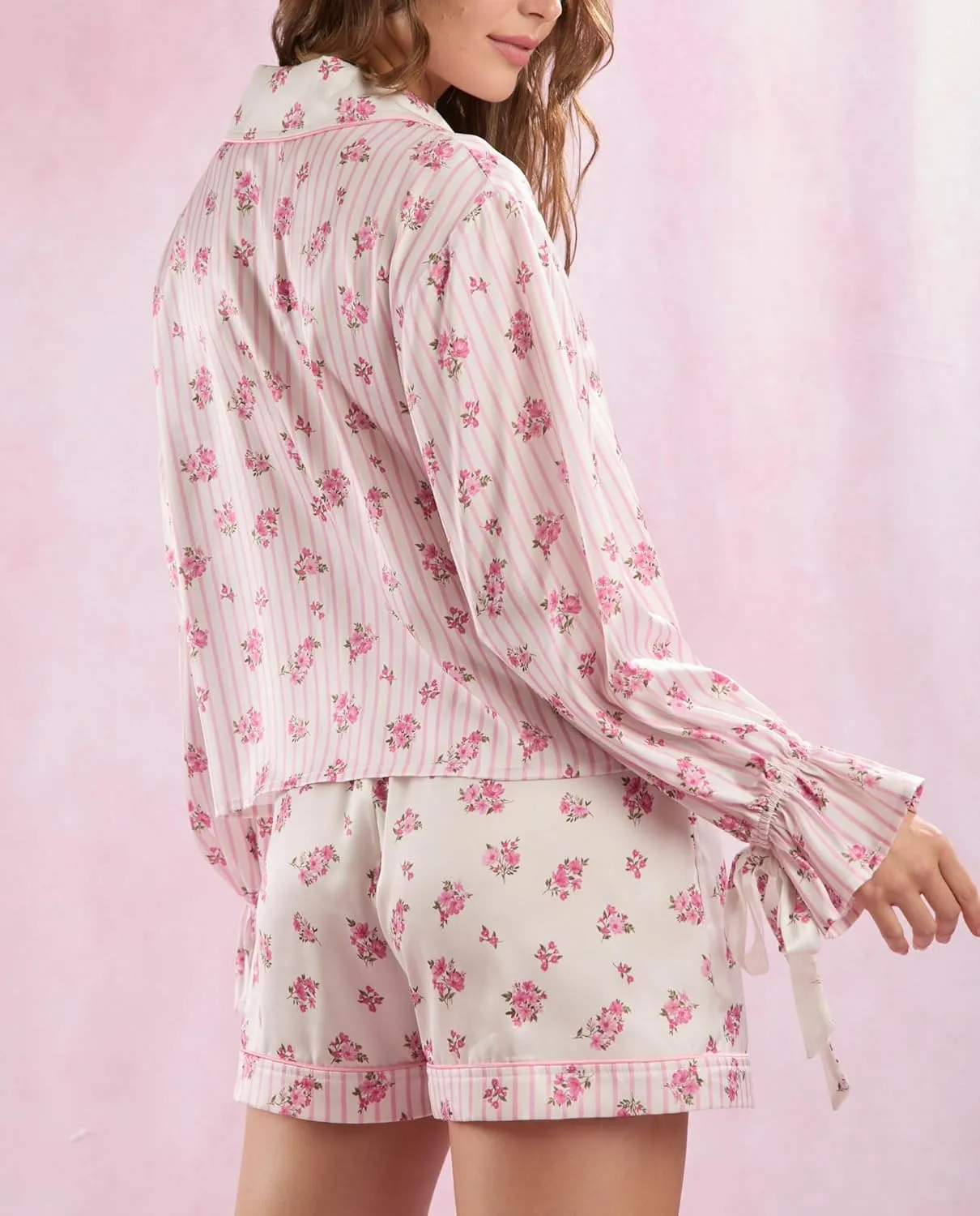 LILTWIST Cute Bow Pajamas for Women Silk Satin Y2k Floral Print 2 Piece Pjs Bow Tie Long Sleeve Shirt and Ruffle Shorts Sets