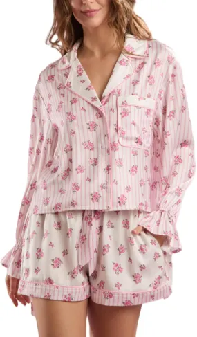 LILTWIST Cute Bow Pajamas for Women Silk Satin Y2k Floral Print 2 Piece Pjs Bow Tie Long Sleeve Shirt and Ruffle Shorts Sets