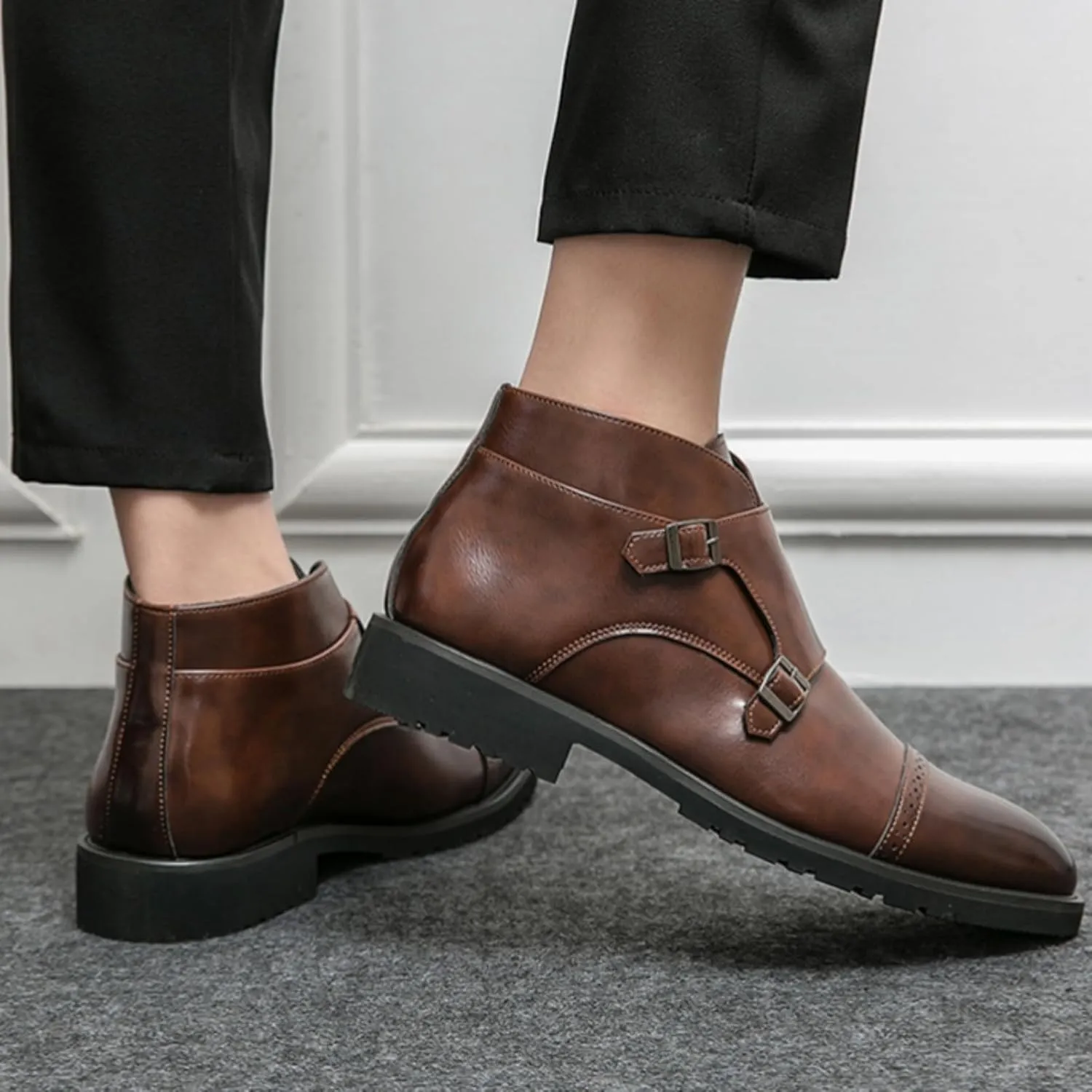 Men's Elegant Double Monk Buckle Ankle Boots Pointed Toe Business Dress Shoes