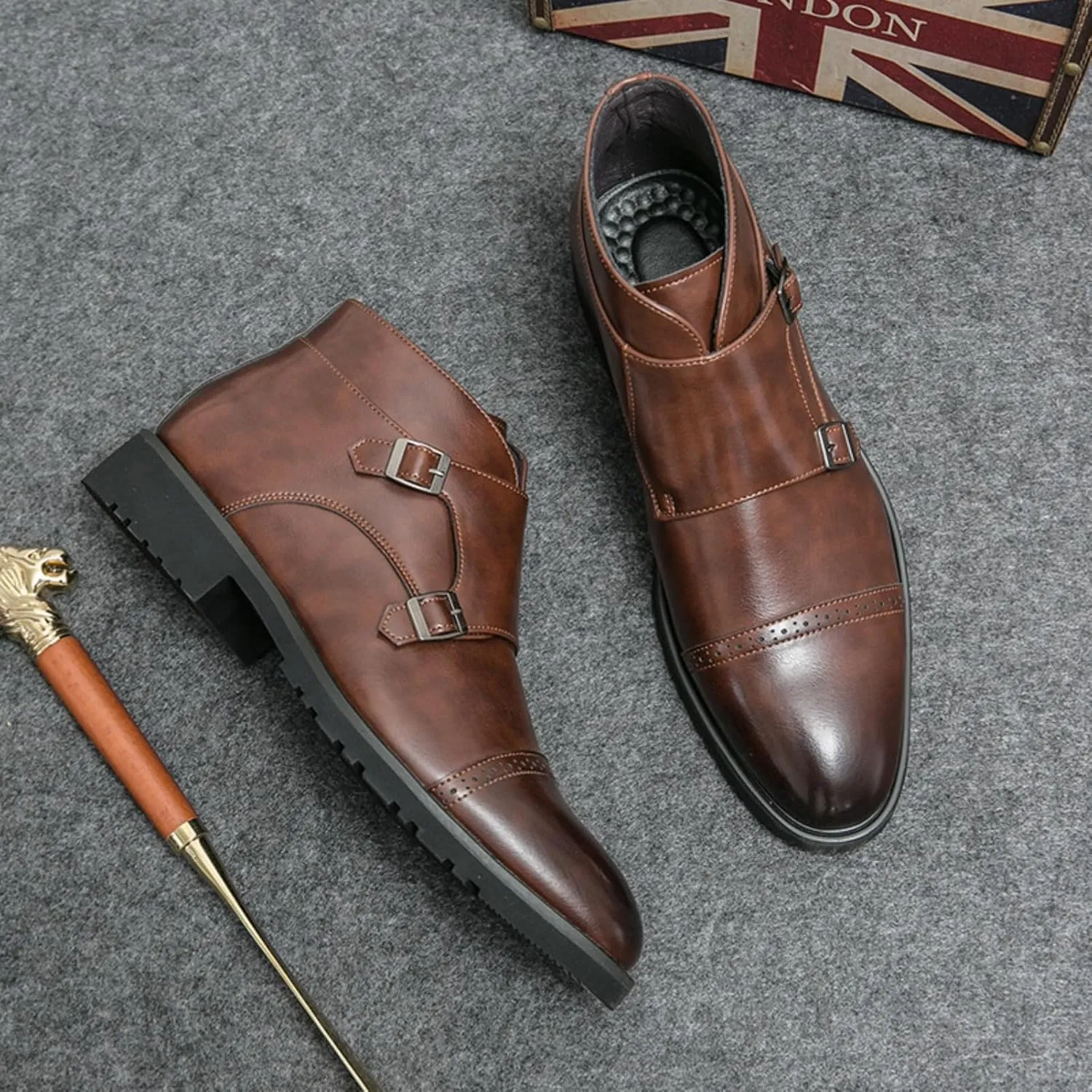 Men's Elegant Double Monk Buckle Ankle Boots Pointed Toe Business Dress Shoes