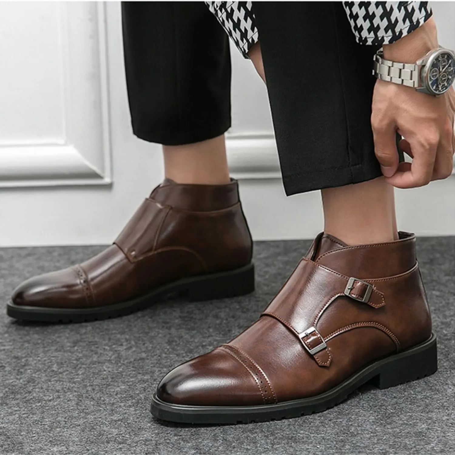 Men's Elegant Double Monk Buckle Ankle Boots Pointed Toe Business Dress Shoes
