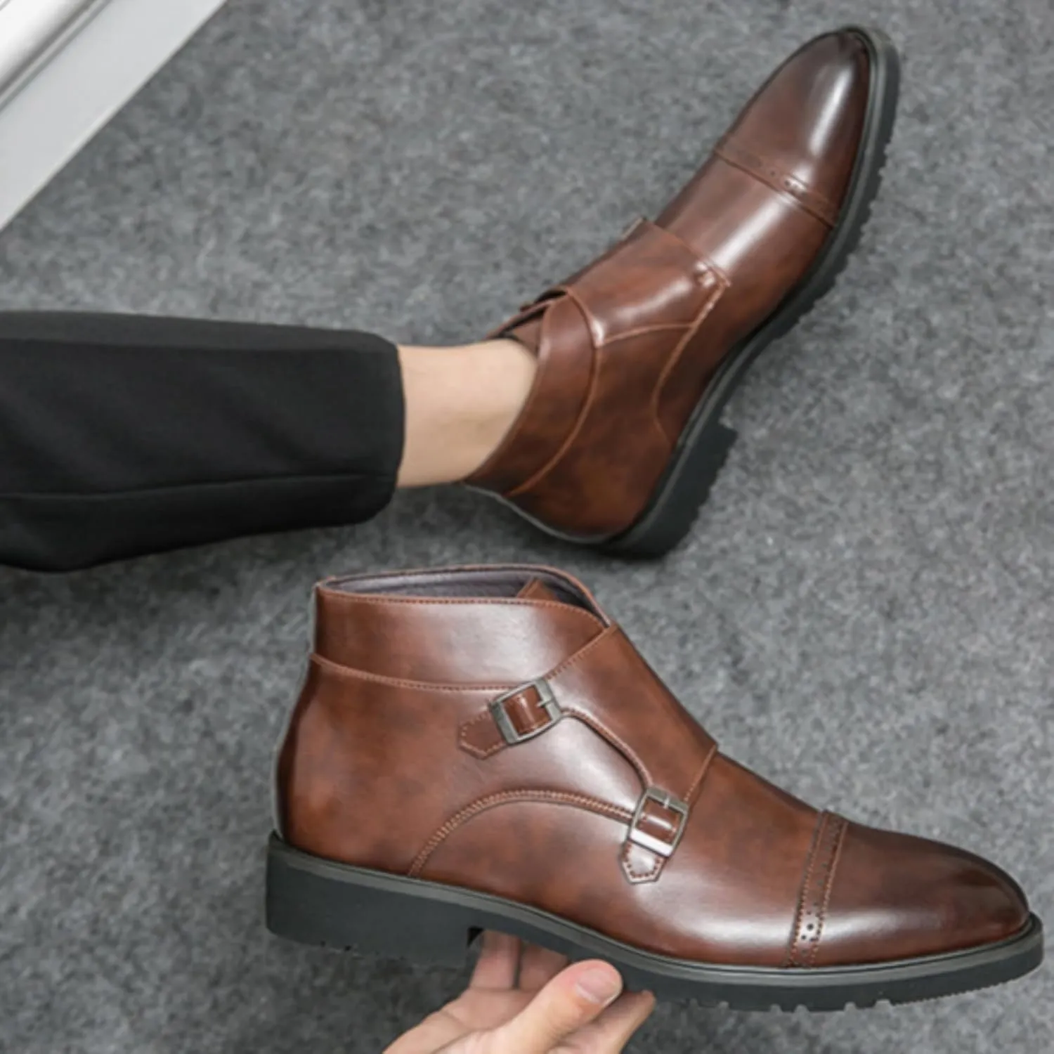 Men's Elegant Double Monk Buckle Ankle Boots Pointed Toe Business Dress Shoes