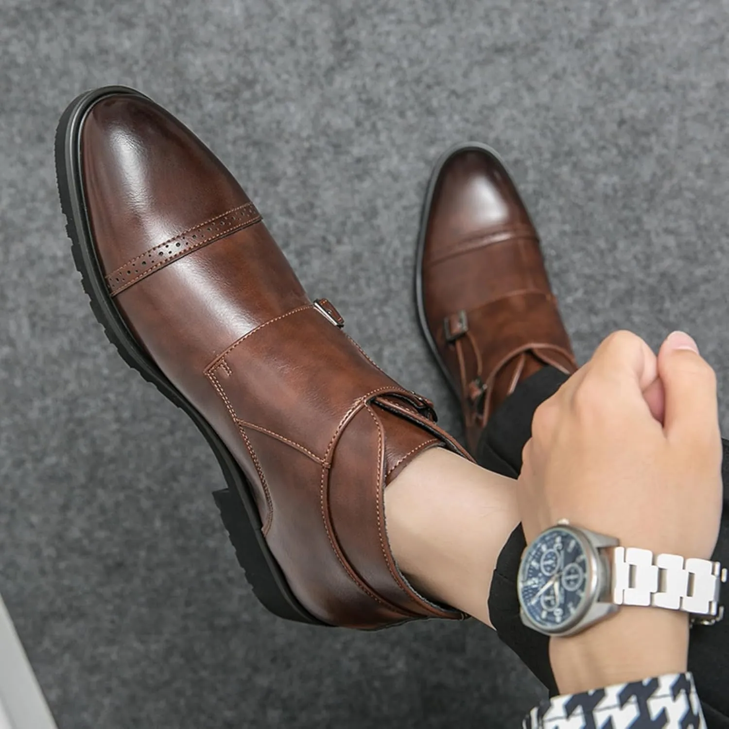 Men's Elegant Double Monk Buckle Ankle Boots Pointed Toe Business Dress Shoes