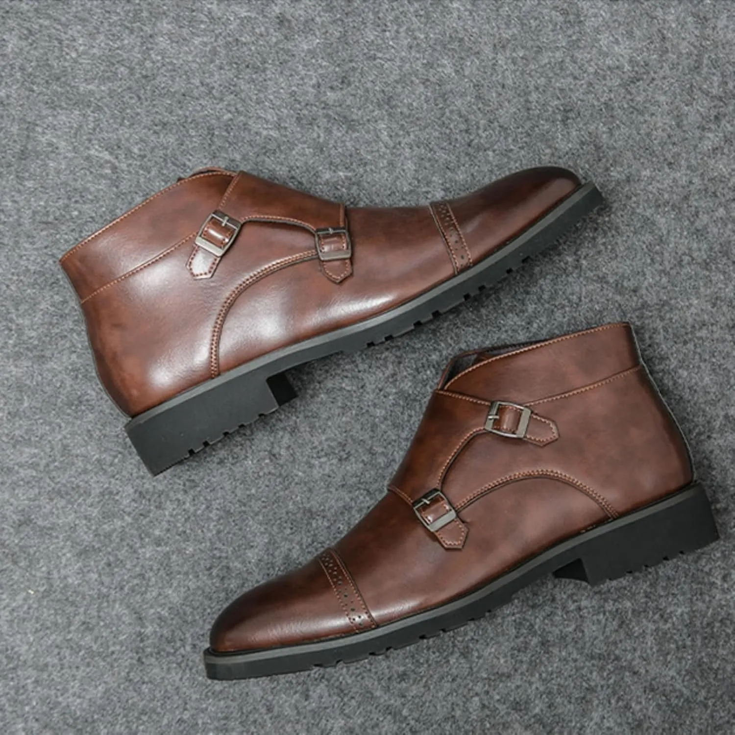 Men's Elegant Double Monk Buckle Ankle Boots Pointed Toe Business Dress Shoes