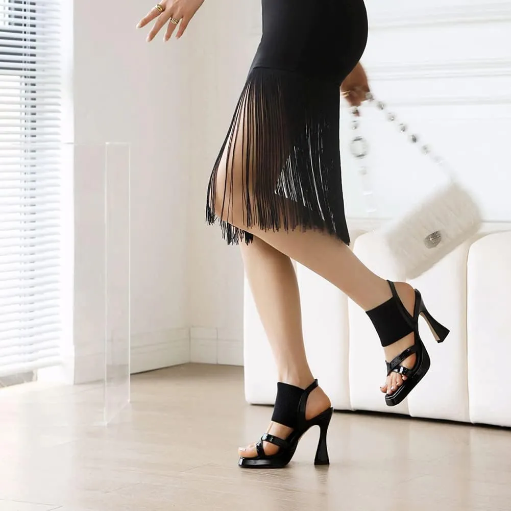 MRKEWUNEY Elegant Chunky Heel Sandals For Women Soft Knit Open Toe Ankle Strap Sandals