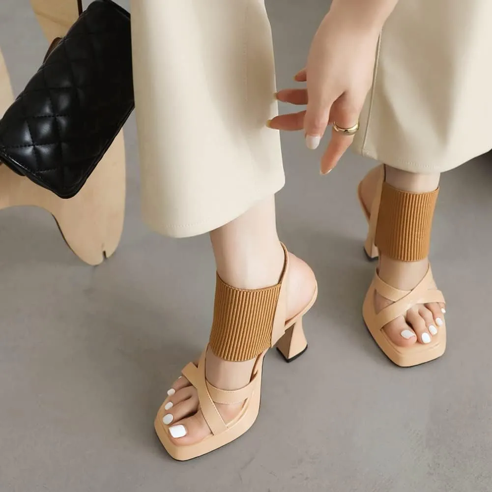 MRKEWUNEY Elegant Chunky Heel Sandals For Women Soft Knit Open Toe Ankle Strap Sandals