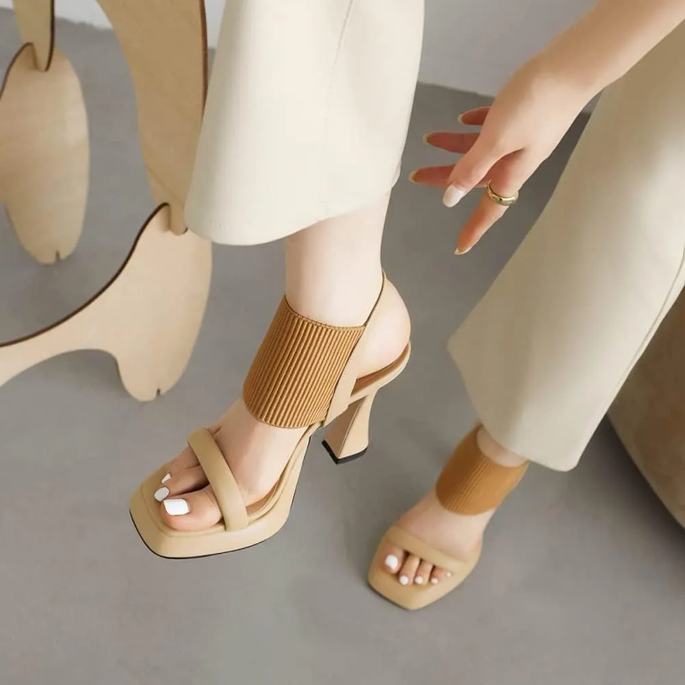 MRKEWUNEY Elegant Chunky Heel Sandals For Women Soft Knit Open Toe Ankle Strap Sandals