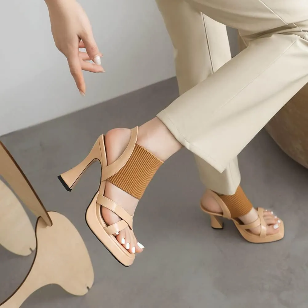 MRKEWUNEY Elegant Chunky Heel Sandals For Women Soft Knit Open Toe Ankle Strap Sandals