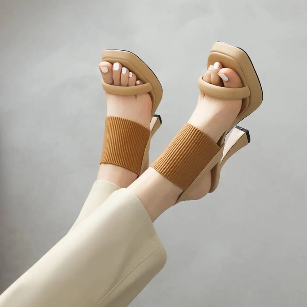 MRKEWUNEY Elegant Chunky Heel Sandals For Women Soft Knit Open Toe Ankle Strap Sandals