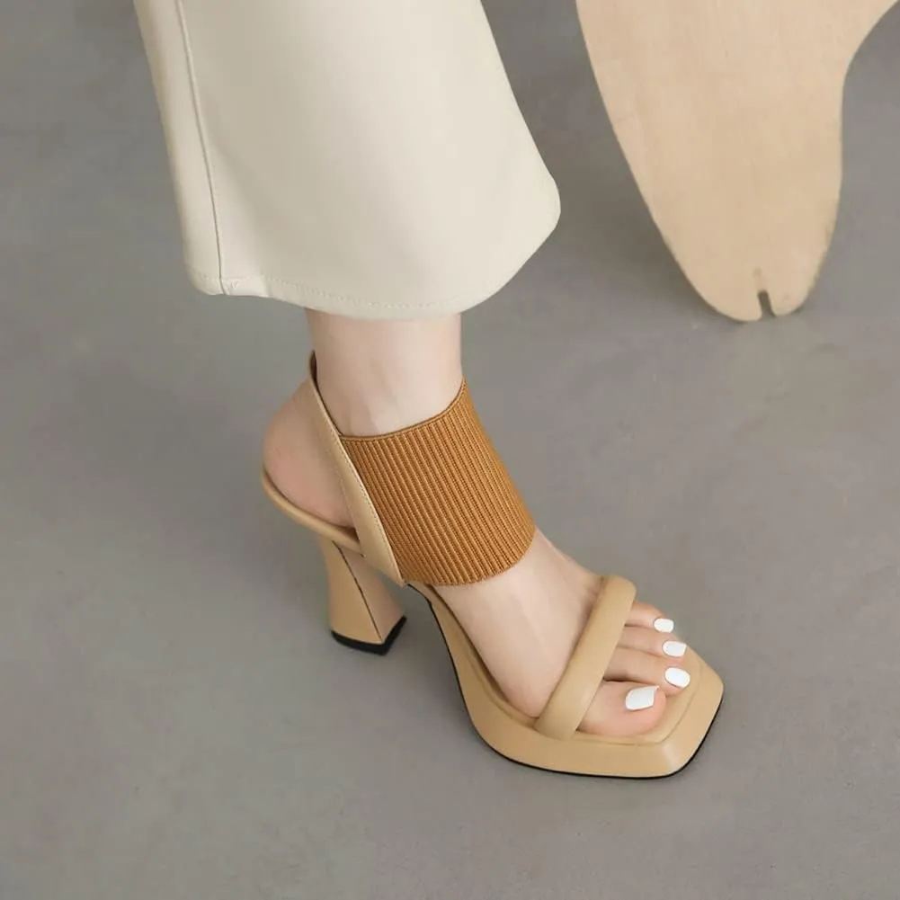 MRKEWUNEY Elegant Chunky Heel Sandals For Women Soft Knit Open Toe Ankle Strap Sandals