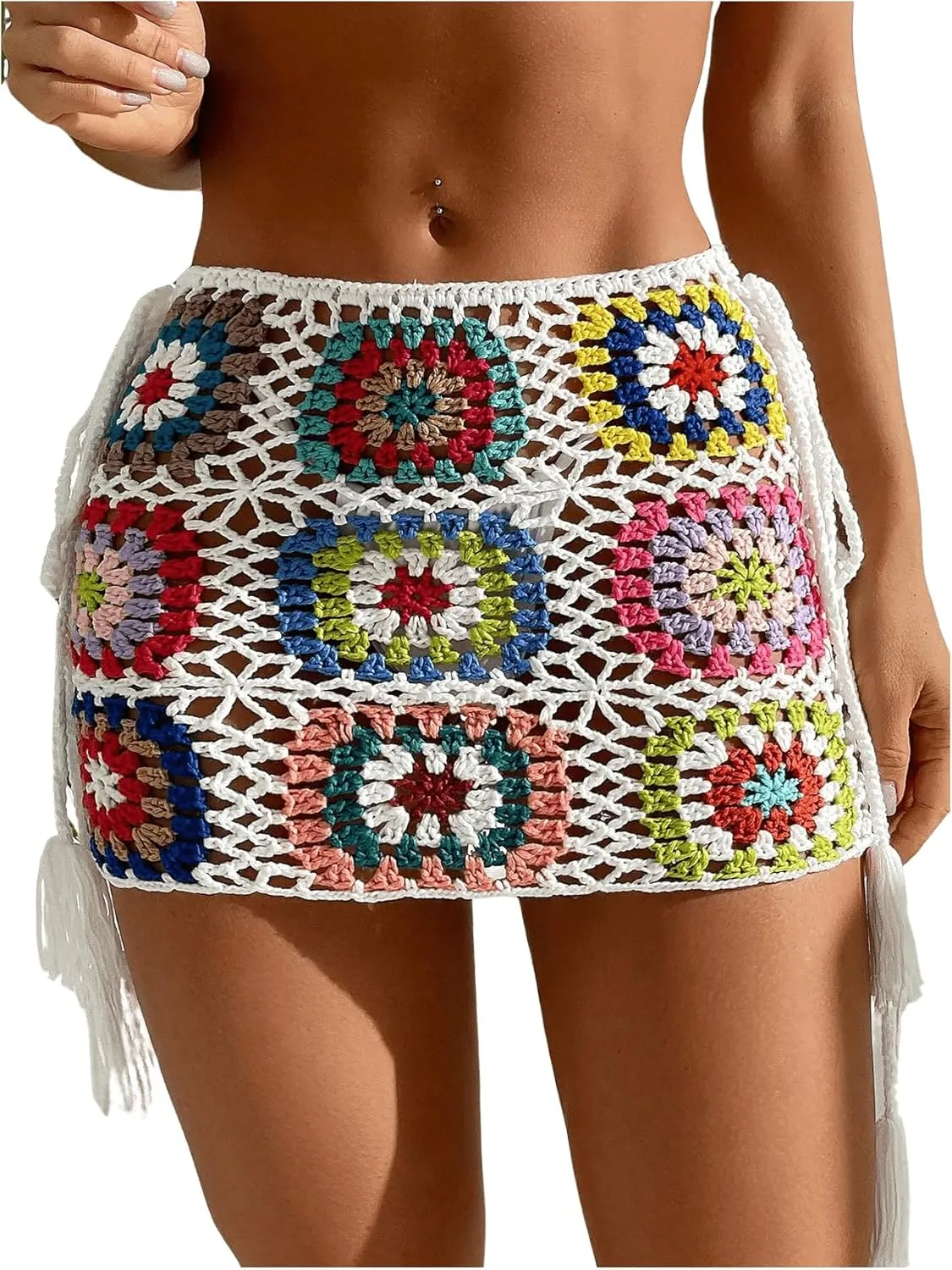 OYOANGLE Women's Floral Crochet Skirt Color Block Drawstring Side High Waist Mini Cover Ups