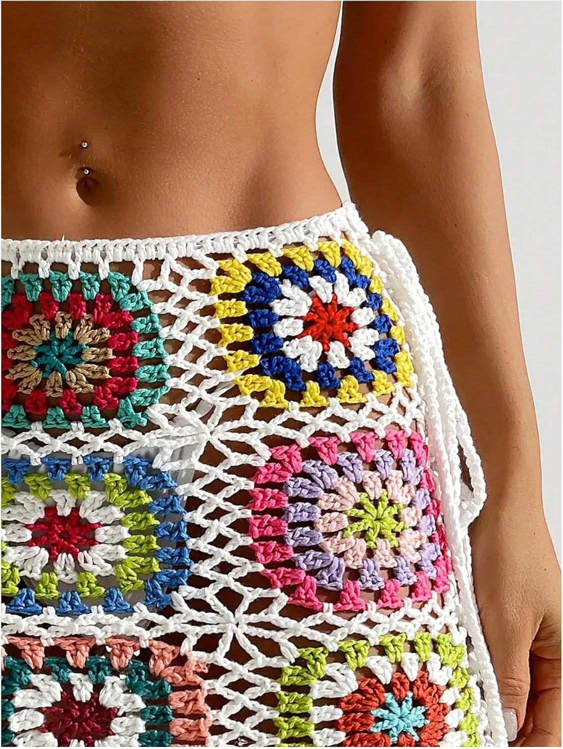 OYOANGLE Women's Floral Crochet Skirt Color Block Drawstring Side High Waist Mini Cover Ups