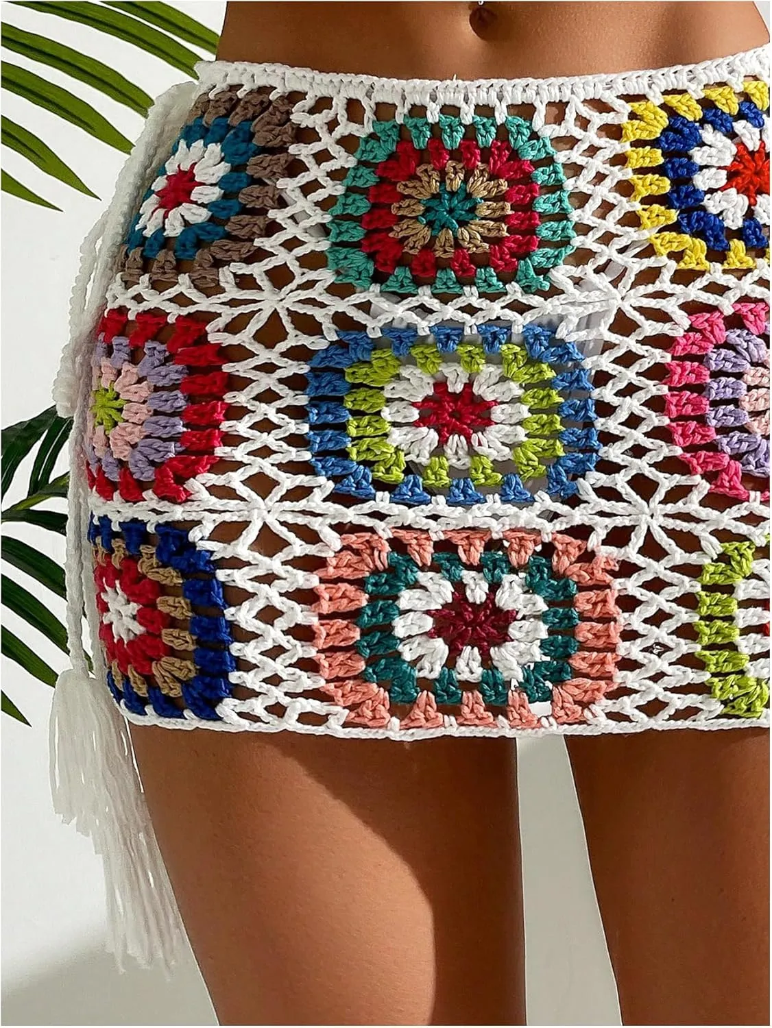 OYOANGLE Women's Floral Crochet Skirt Color Block Drawstring Side High Waist Mini Cover Ups