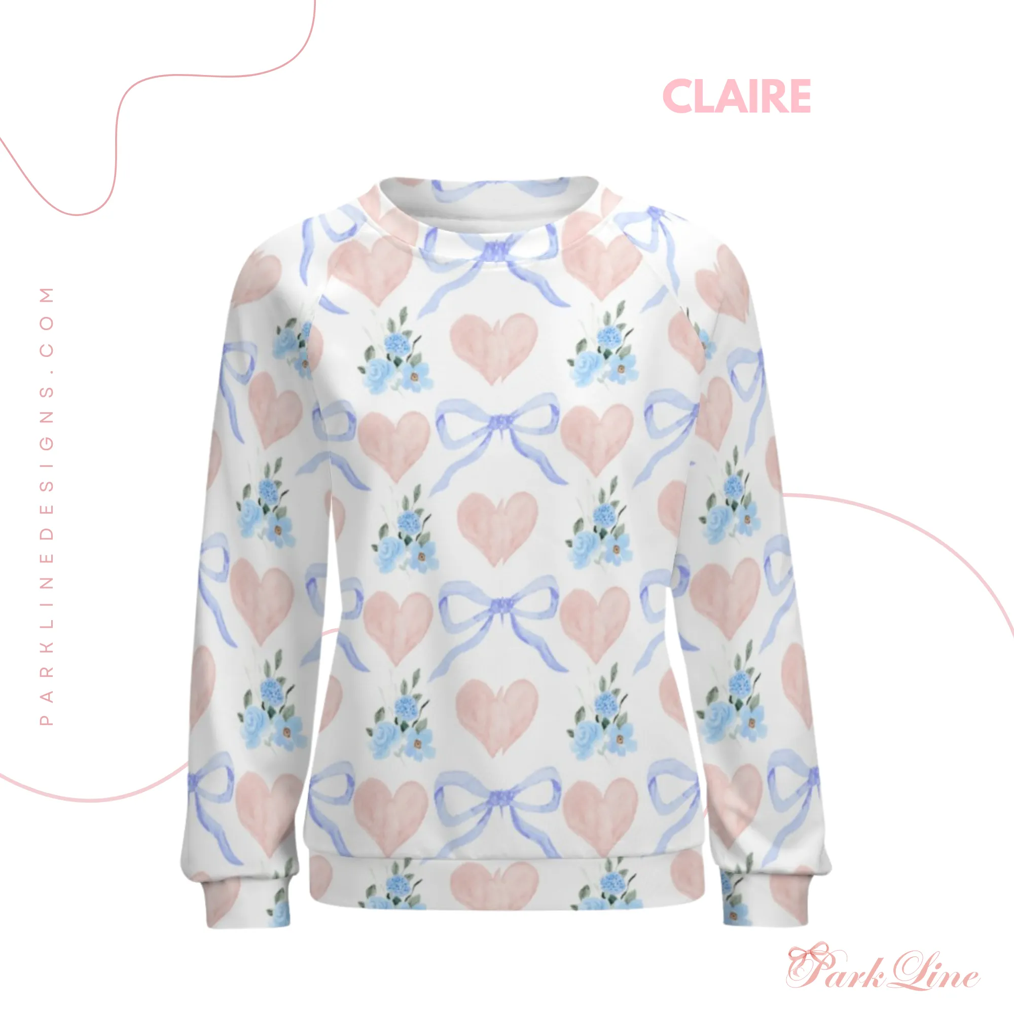 Pink Hydrangea Women's Raglan Crewneck Sweatshirt | Floral Heart Wreath Top | Cozy Autumn & Winter Crewneck