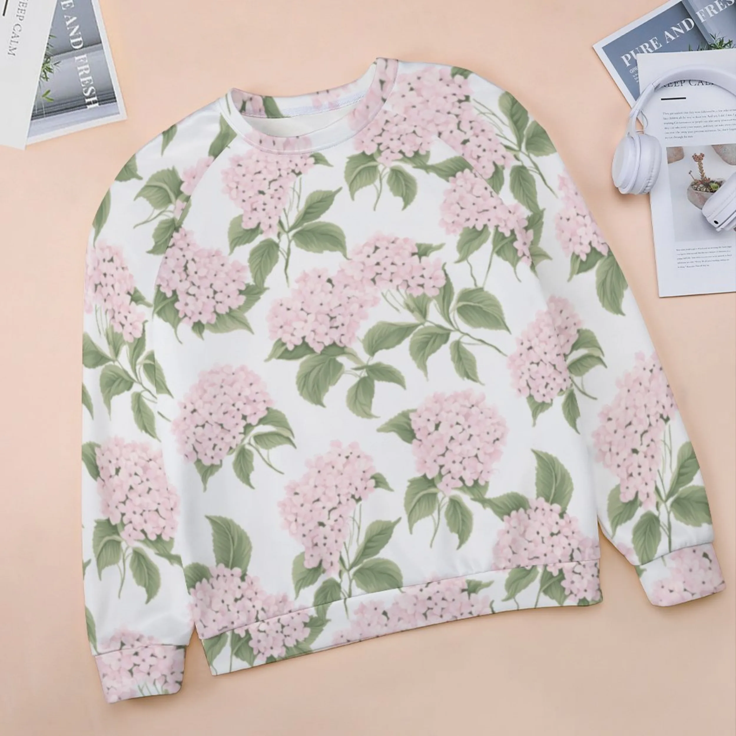 Pink Hydrangea Women's Raglan Crewneck Sweatshirt | Floral Heart Wreath Top | Cozy Autumn & Winter Crewneck