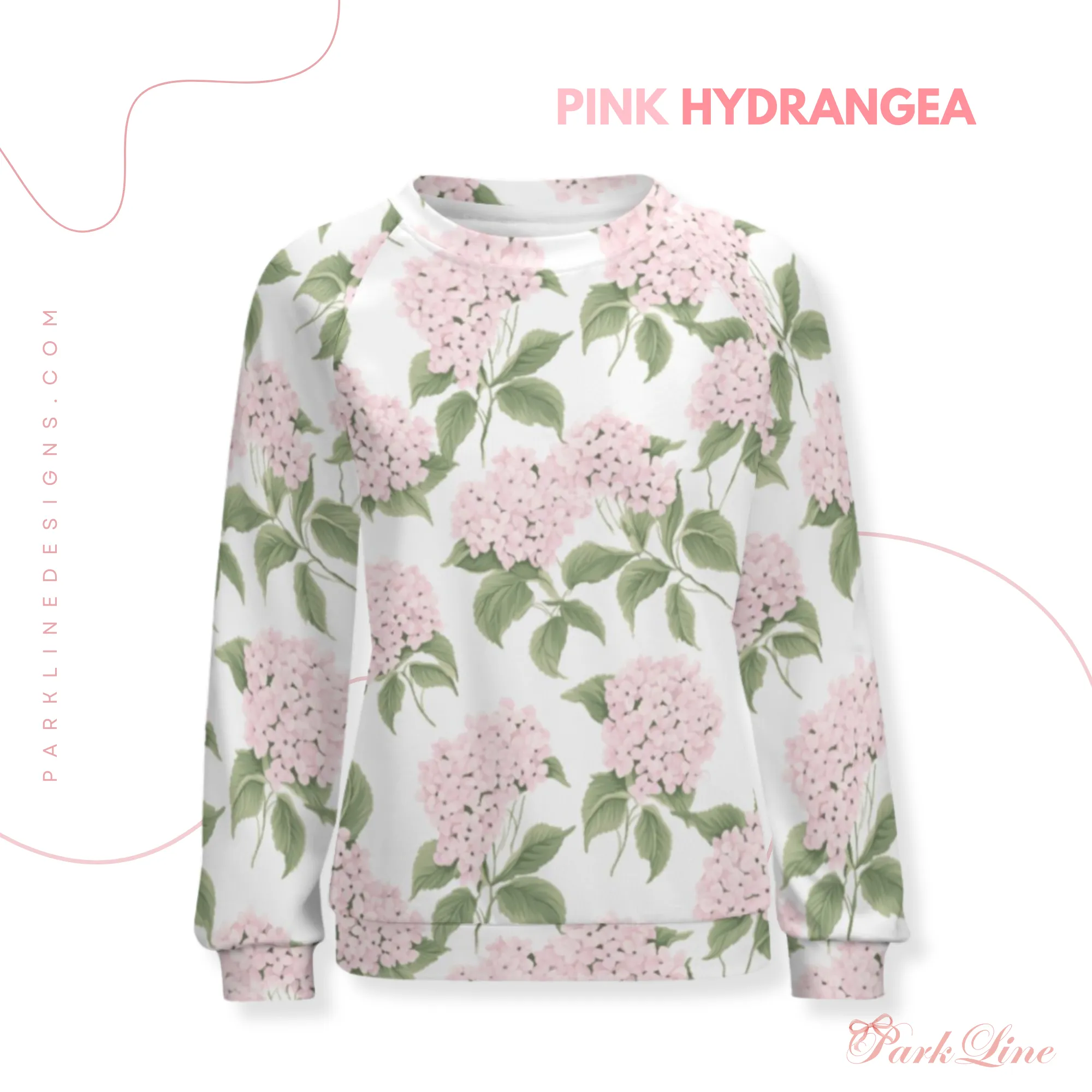 Pink Hydrangea Women's Raglan Crewneck Sweatshirt | Floral Heart Wreath Top | Cozy Autumn & Winter Crewneck