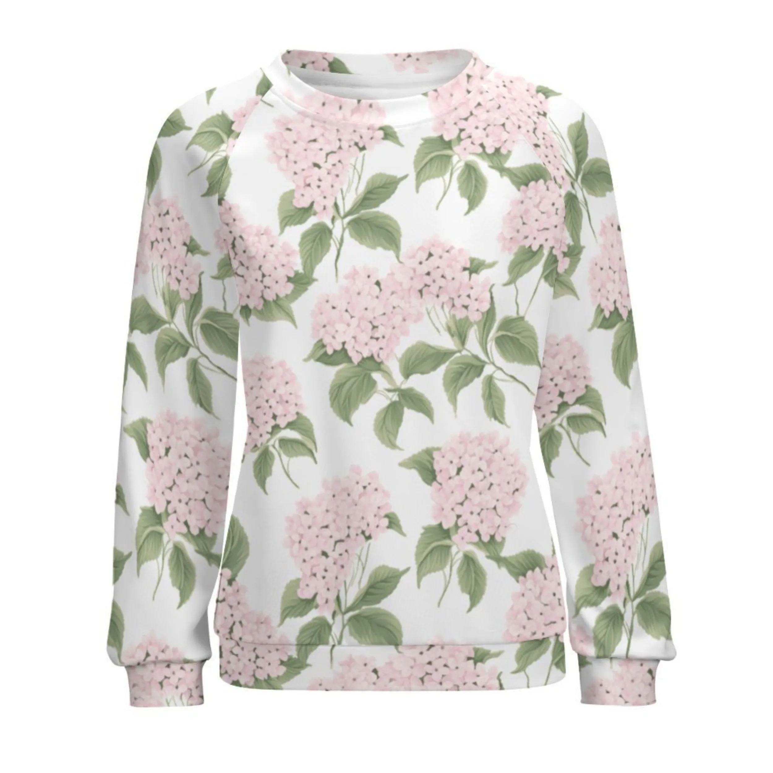 Pink Hydrangea Women's Raglan Crewneck Sweatshirt | Floral Heart Wreath Top | Cozy Autumn & Winter Crewneck