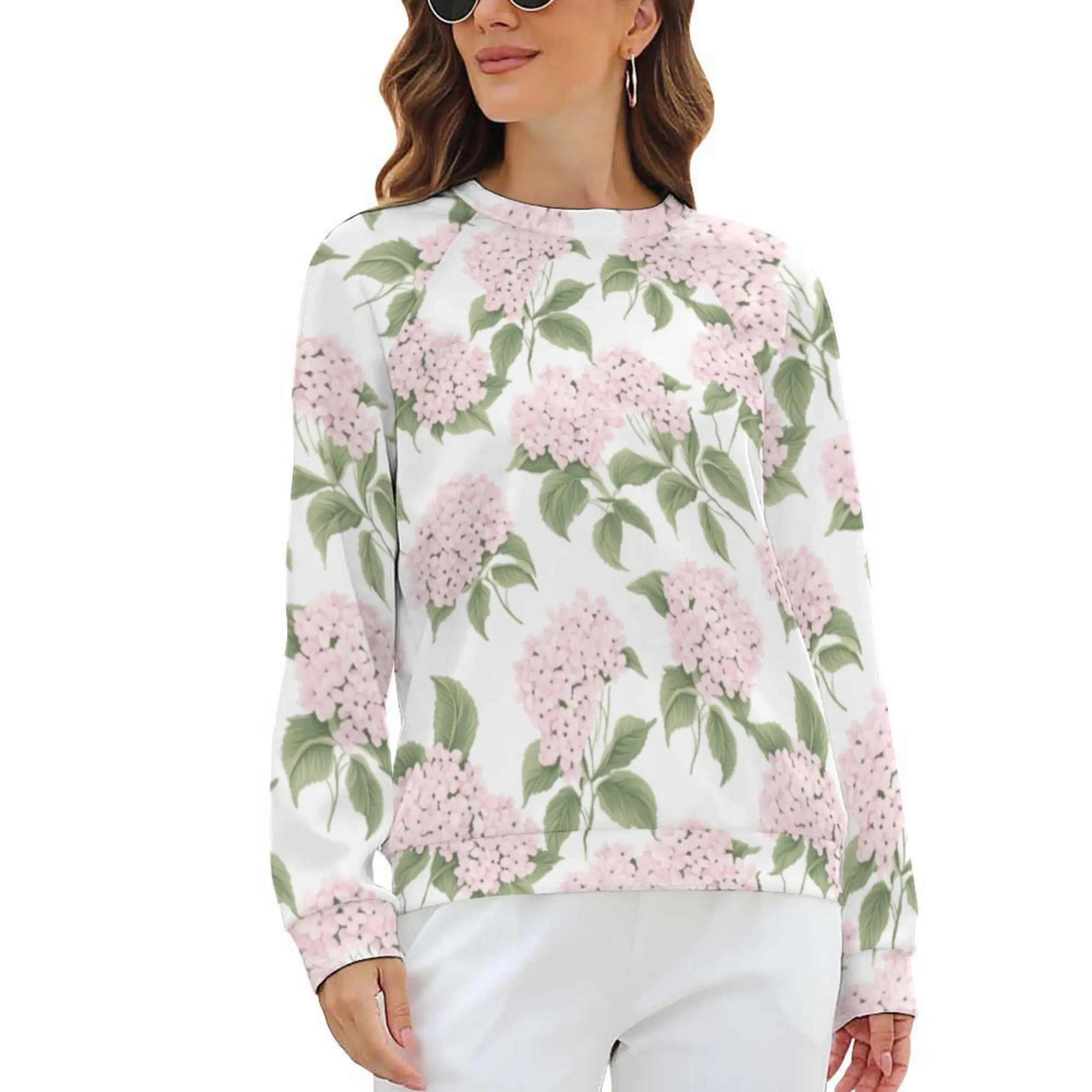 Pink Hydrangea Women's Raglan Crewneck Sweatshirt | Floral Heart Wreath Top | Cozy Autumn & Winter Crewneck