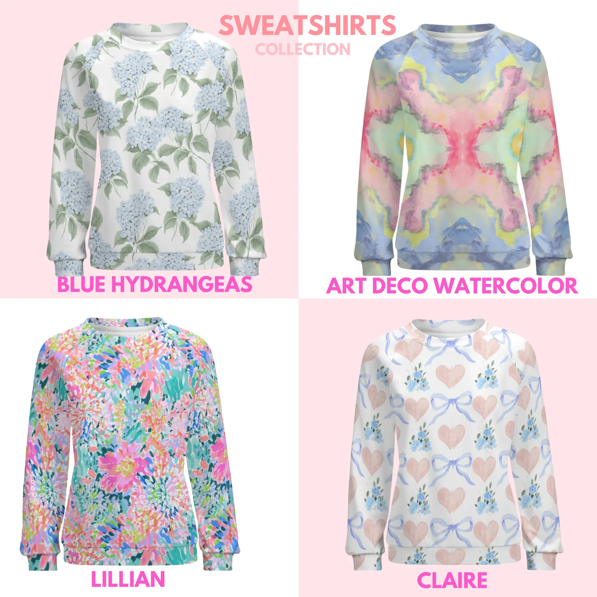 Pink Hydrangea Women's Raglan Crewneck Sweatshirt | Floral Heart Wreath Top | Cozy Autumn & Winter Crewneck