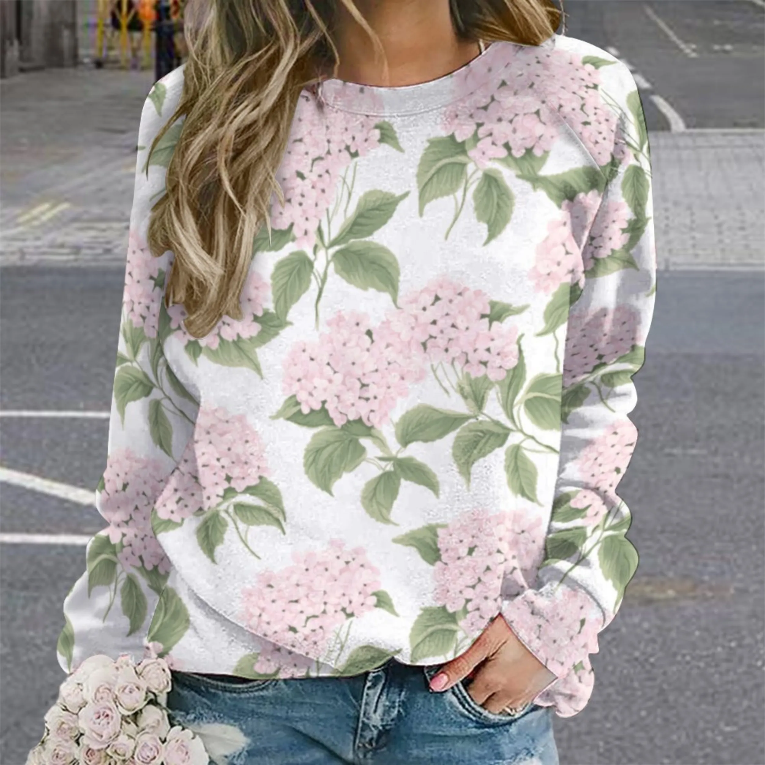 Pink Hydrangea Women's Raglan Crewneck Sweatshirt | Floral Heart Wreath Top | Cozy Autumn & Winter Crewneck